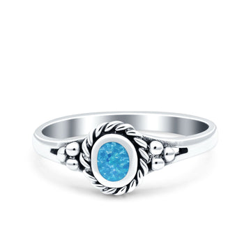 Vintage Style Lab Opal Petite Dainty Ring Solid Round Oxidized 925 Sterling Silver